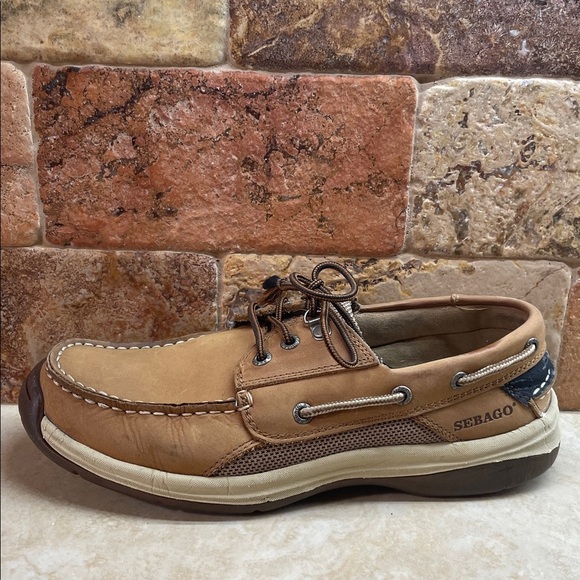 Sebago Helmsman Dark Tan Leather Boat Shoes Men’s 8M Moc Toe Deck Casual Lace - Picture 11 of 16